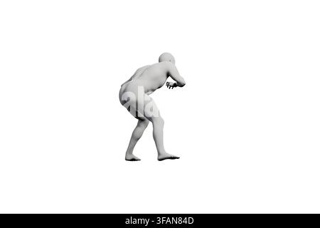 A detailed render of a male figure in mid-bend during a capoeira movement against a stark white backdrop. Stock Photo