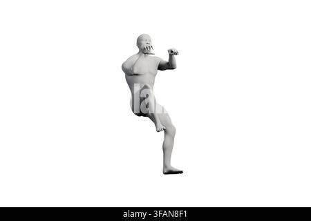 A detailed render of a fat man in motion, climbing with determination towards the upper part of the frame on a stark white studio background. Stock Photo