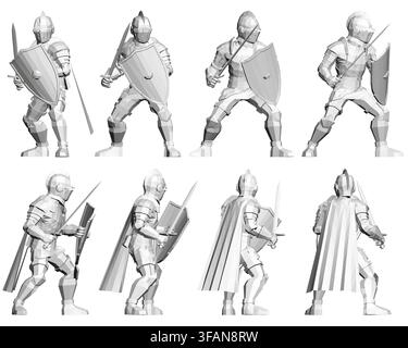 Six medieval knights in black and white, each holding a sword and shield with detailed armor, stand isolated on a stark white background. Stock Vector