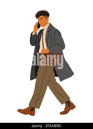 Black Man walks while talking on phone. Stock Vector