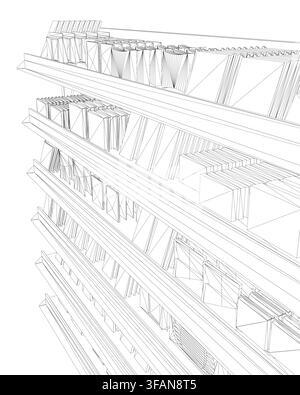A tall library building with symmetrical windows and multiple levels, featuring a wireframe design that resembles shelves of chocolate snacks. Stock Vector