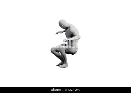 A dynamic single-view render of a mannequin figure model captured during a jump, showcasing its anatomy and posture with soft lighting on a stark whit Stock Photo