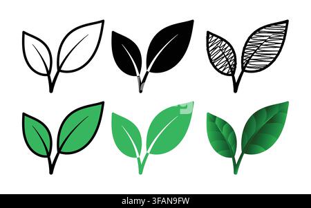 Set of green and black leaf icons in different graphic styles: outline, silhouette, hand-drawn sketch, flat design, and 3D gradient. vector illustration. Stock Vector