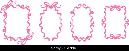 Set of cute pink ribbon borders with decorative bows. Whimsical hand-drawn aesthetic frames isolated on white background. Vector illustration. Stock Vector