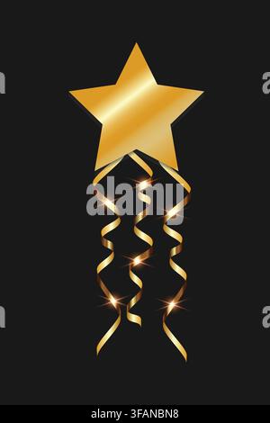 Golden star with curly hanging ribbons and sparkling lights on a dark background. Vector illustration. Stock Vector