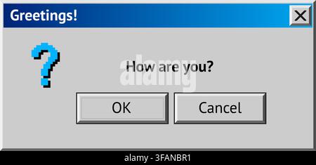 Retro computer greeting popup window asking how are you with question mark icon Stock Vector