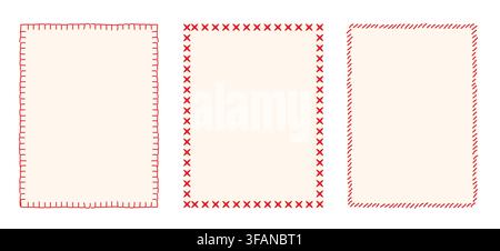 Hand drawn stitched border card template set vertical rectangular frames. Decorative embroidery line art border collection for greeting card Stock Vector