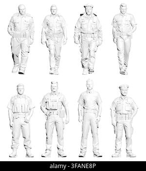 Low poly military policemen in crisp white uniforms stand together, each equipped with a visible pistol. The special forces unit is rendered in a clea Stock Vector