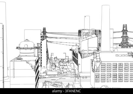 A stark post-apocalyptic city contour drawing in black and white. The factory complex features abandoned buildings, utility poles, and industrial stru Stock Vector