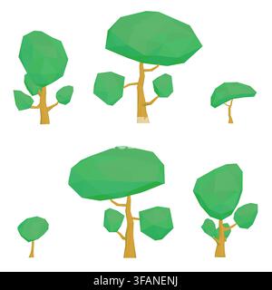 A collection of six low poly trees in various shapes and sizes, featuring branches and leaves in shades of green on a clean white background. Stock Vector