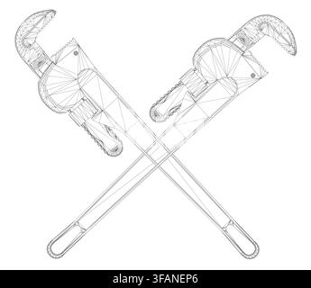 Detailed wireframe illustration of two adjustable vintage pipe wrenches on a clean white background. The technical drawing clearly shows the intricate Stock Vector
