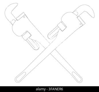 Two adjustable pipe wrenches in a classic line art style, featuring different sizes and handle lengths on a clean white background. The monochrome con Stock Vector