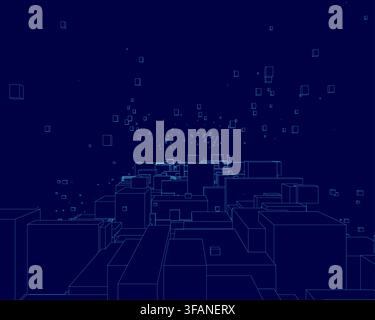 Abstract blue wireframe cubes form a geometric cityscape pattern with scattered dots. Stock Vector