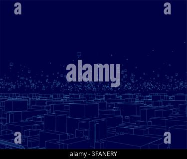 Abstract wireframe cubes and dots form a geometric pattern on a solid blue background. This vector illustration features a clean, modern design with a Stock Vector