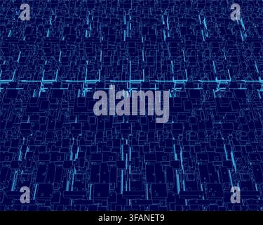 Abstract wireframe cubes form a grid pattern on a blue background, featuring squares of varying sizes and light to dark shades for a futuristic, techn Stock Vector