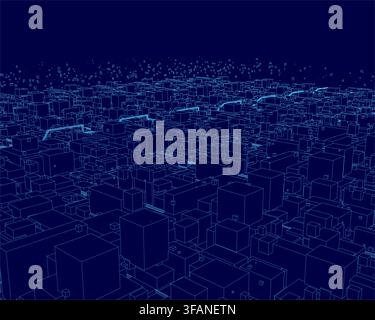 Abstract blue wireframe cityscape at night, composed of countless glowing cubes on a dark background. This 3D rendering presents a futuristic urban co Stock Vector