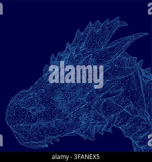 A low polygonal blue dragon head with a wireframe design of intricate lines and shapes on a dark blue background. Stock Vector