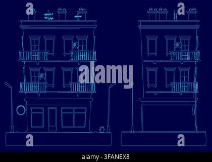 Low poly house blueprint with numerous windows and balconies, illuminated by street lights against a deep blue background. Stock Vector