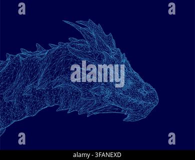 A low polygonal blue dragon head with a wireframe design of intricate lines and shapes on a dark blue background. Stock Vector