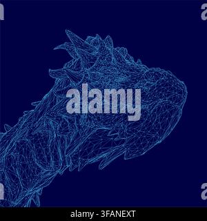 Polygonal dragon head wireframe illustration with intricate geometric shapes and lines on a solid blue background. Stock Vector