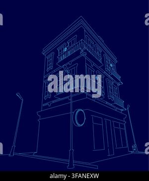 Low poly house contour drawing in blue on a dark background, featuring two illuminated light poles in the foreground. Stock Vector