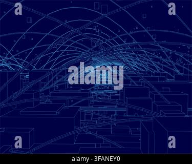 Abstract blueprint of a building architecture on a blue background, featuring a complex wireframe design composed of interconnected cubes and geometri Stock Vector