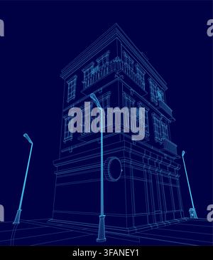 Low poly house model with wireframe structure and street lights, set against a solid blue background. Stock Vector