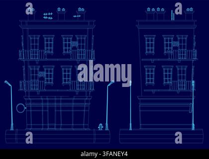 Low poly wireframe house blueprint with numerous windows, street lights, and a fire hydrant on a solid blue background. Stock Vector