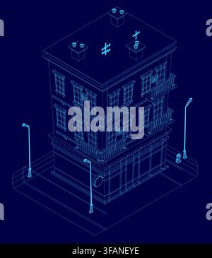A low poly wireframe house model stands on a blue background, surrounded by simple light poles. The 3D rendering provides a clean and modern architect Stock Vector