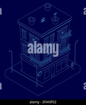 Low poly house contour blueprint on a deep blue background, featuring a hotel design with a prominent entrance and multiple windows. Two vertical pole Stock Vector
