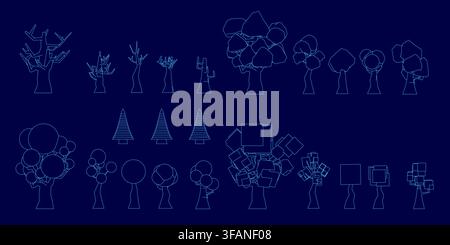 Low poly tree pack with symmetrical contour shapes on a stark blue background. The overlapping forms create a clean, modern graphic composition. Stock Vector
