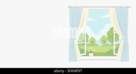 Open window with view of green trees and flowers. Vector illustration of sunny landscape through home frame with curtains. Stock Vector