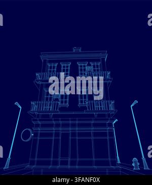 Low poly wireframe house blueprint on a dark blue background, featuring light poles and a fire hydrant in the foreground. Stock Vector