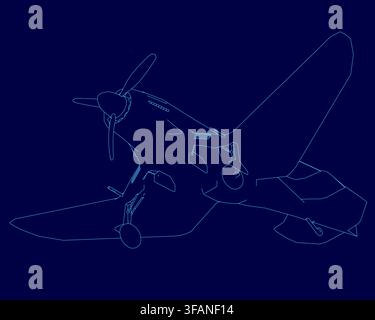 A retro blue airplane with a crisp white contour stands out against a dark blue background. This minimalist vector graphic has a clean, illustrative s Stock Vector