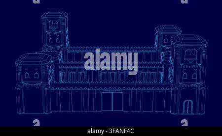 A modular fortress blueprint features a detailed church with clock tower, arches, and pillars. Its white wireframe contrasts sharply against a solid b Stock Vector