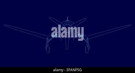 Retro plane drone with spread wings and spinning propellers flies against a dark blue sky in a clean line art contour style. Stock Vector
