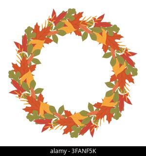 Autumn wreath made of colorful leaves in shades of orange, red, yellow, and green on a white background. Seasonal illustration perfect for fall Stock Vector