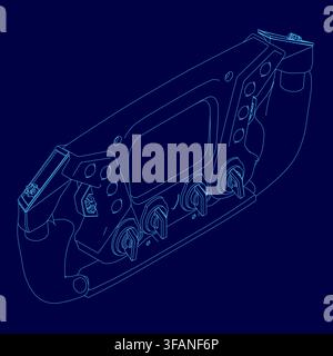 A blueprint of a video game controller with a steering wheel contour, designed for racing games on a blue technical background. Stock Vector