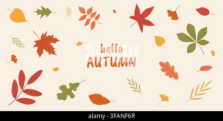 Autumn greeting card with hello AUTUMN text in orange, surrounded by scattered colorful leaves in red, orange, yellow, and green on a beige background Stock Vector