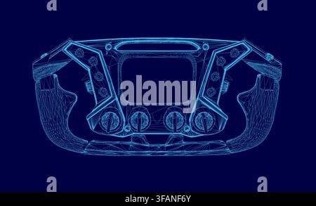 Blueprint of a gaming controller with a steering wheel overlay, featuring a wireframe design on a blue background. This conceptual image suggests them Stock Vector