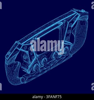 A detailed 3D wireframe blueprint of a race car steering wheel controller floats on a solid blue background. Stock Vector