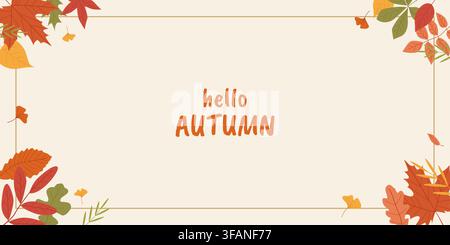 Autumn greeting card with hello AUTUMN text in orange, framed by colorful seasonal leaves in red, orange, yellow, and green on a beige background Stock Vector