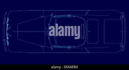 Retro sport car blueprint on a blue background, featuring a detailed top-view contour and technical design lines. Stock Vector