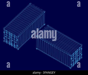 Blueprint wireframe of two detailed shipping containers on a stark blue background. The contrasting white outlines highlight their distinct shapes and Stock Vector