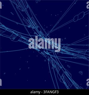 A blue abstract network of connected dots and contour lines represents a futuristic space station. Stock Vector
