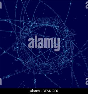 A futuristic space station blueprint with a circular wireframe structure, glowing nodes, and connecting lines on a dark blue background. Stock Vector