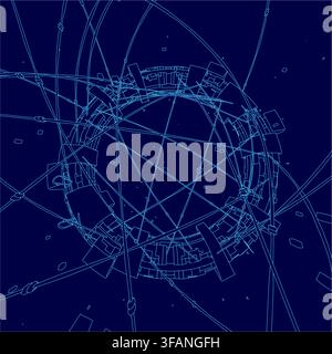 A blue and white contour drawing of a radiant sphere represents a futuristic space station against a dark cosmic background. Stock Vector