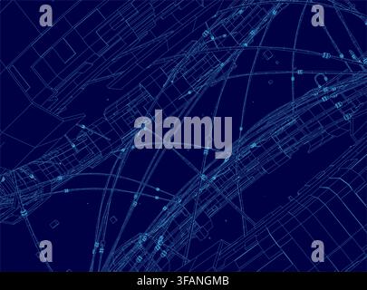 A wireframe space station blueprint features a blue background with precise lines and connecting dots. This abstract technical illustration suggests f Stock Vector