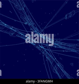 A wireframe space station model floats against a deep blue background, featuring a network of glowing lines and connection nodes. Stock Vector