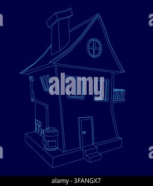 A blue cartoon house with a white contour outline stands against a solid blue background, featuring a simple chimney. Stock Vector